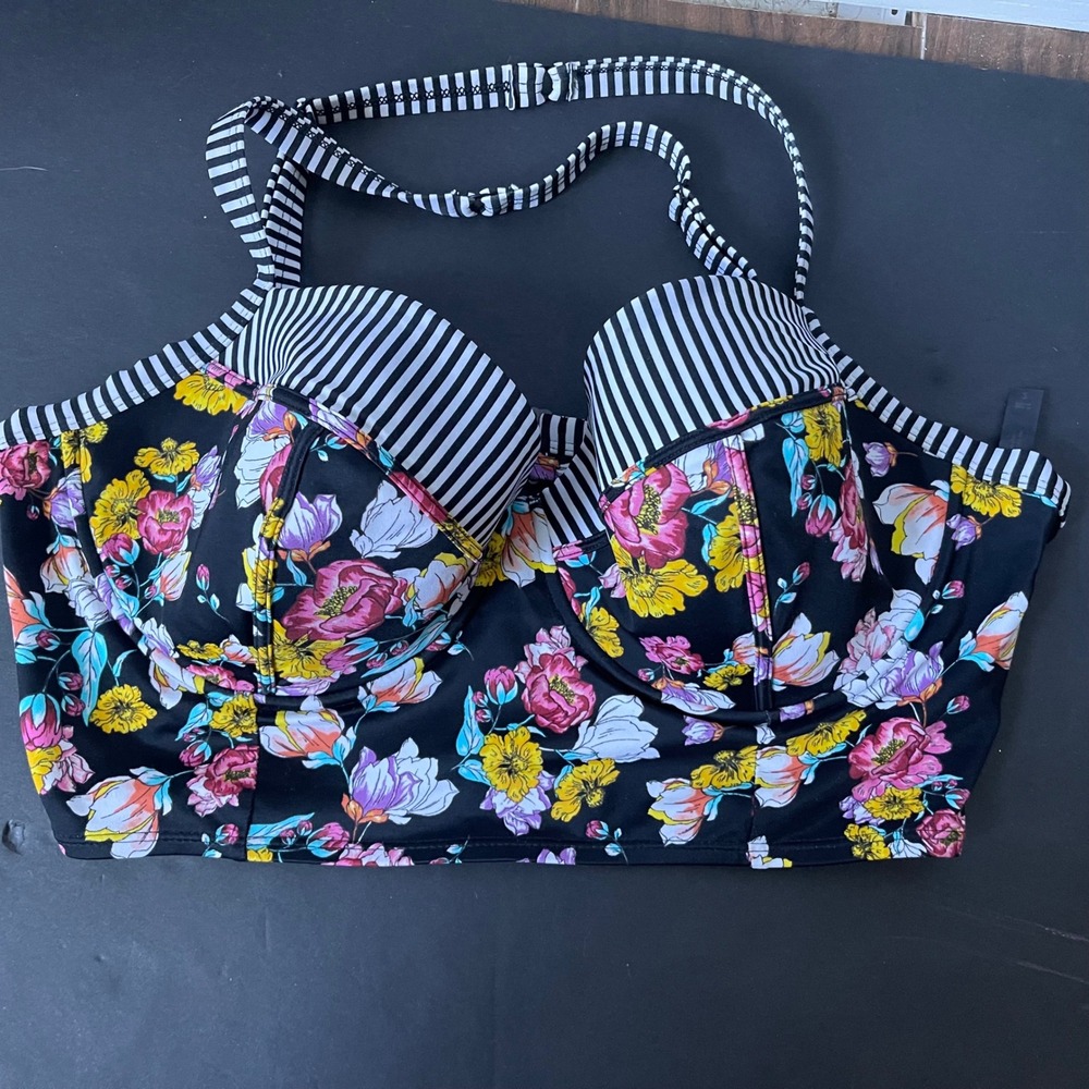 Torrid Floral Stripe Underwire Longline Bikini Top Black Multi color